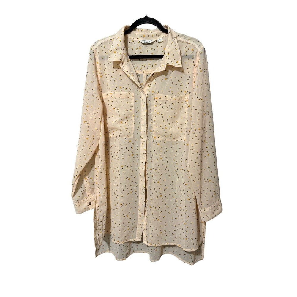 Caffe Marrakesh Peach Floral Button Front Tunic Blouse XL Long Sleeve